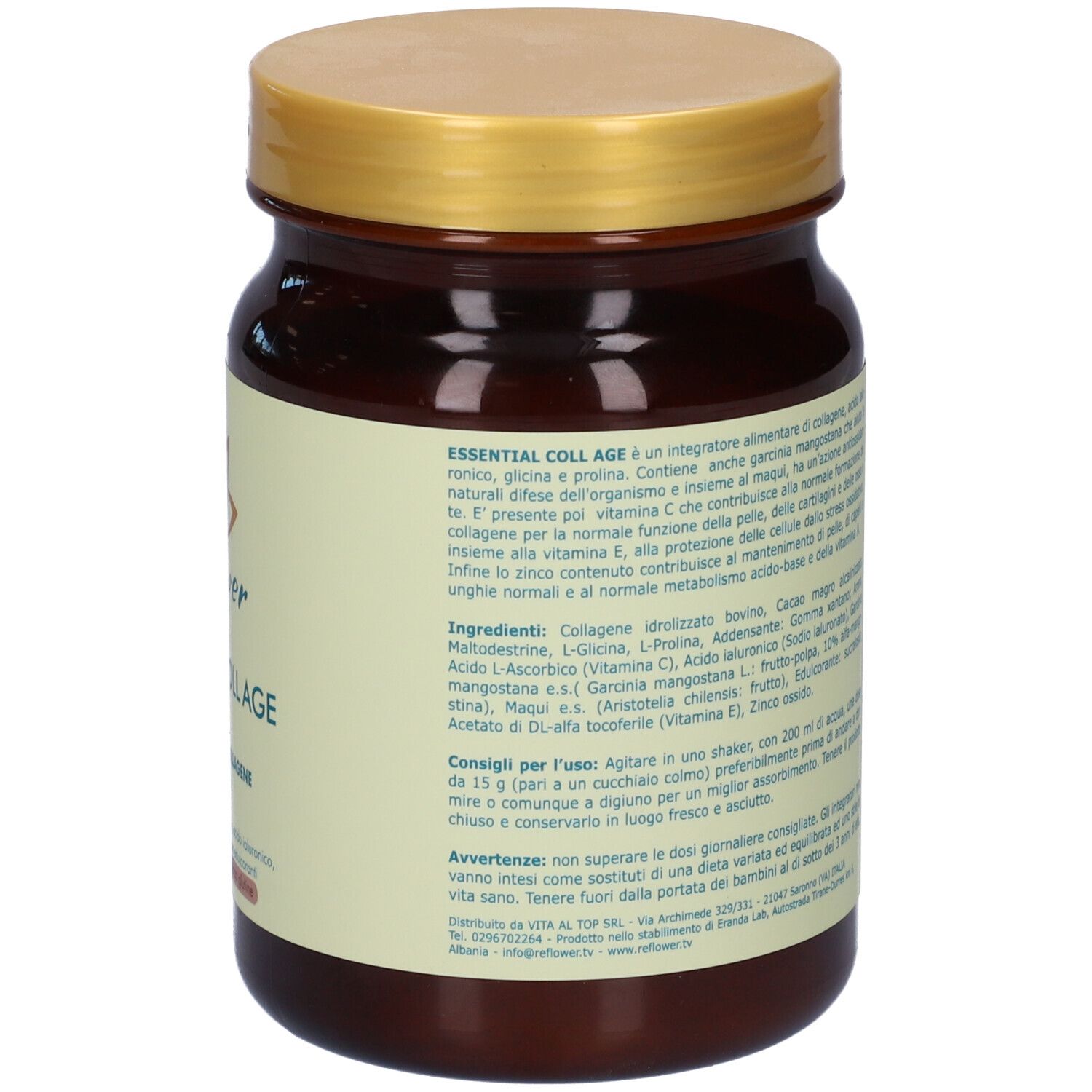 Barattolo marrone con coperchio dorato. Retro con informazioni prodotto e ingredienti.
