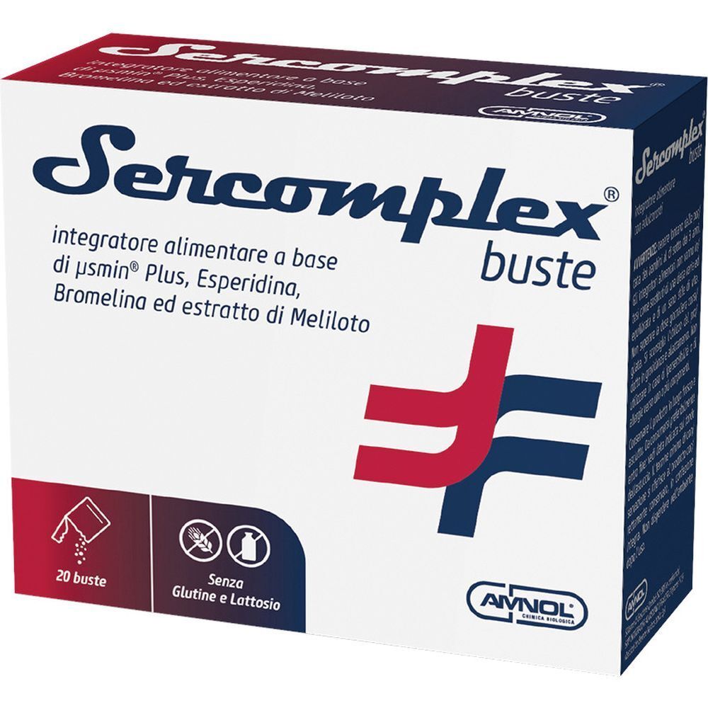 Scatola "Sercomplex buste". Contiene 20 bustine. Senza glutine e lattosio. Logo AVNOL.