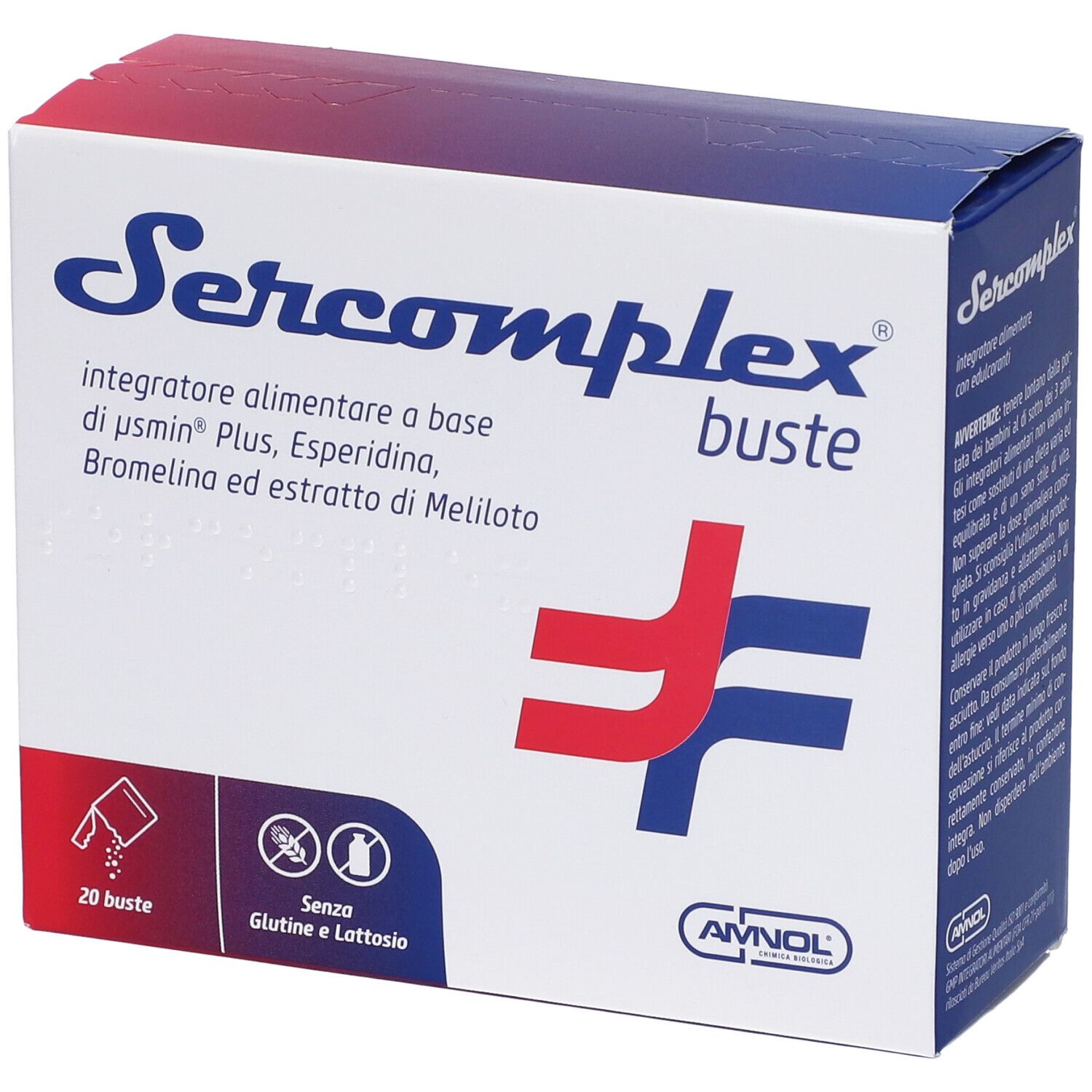 Scatola "Sercomplex buste". Contiene 20 bustine. Senza glutine e lattosio. Logo AVNOL.