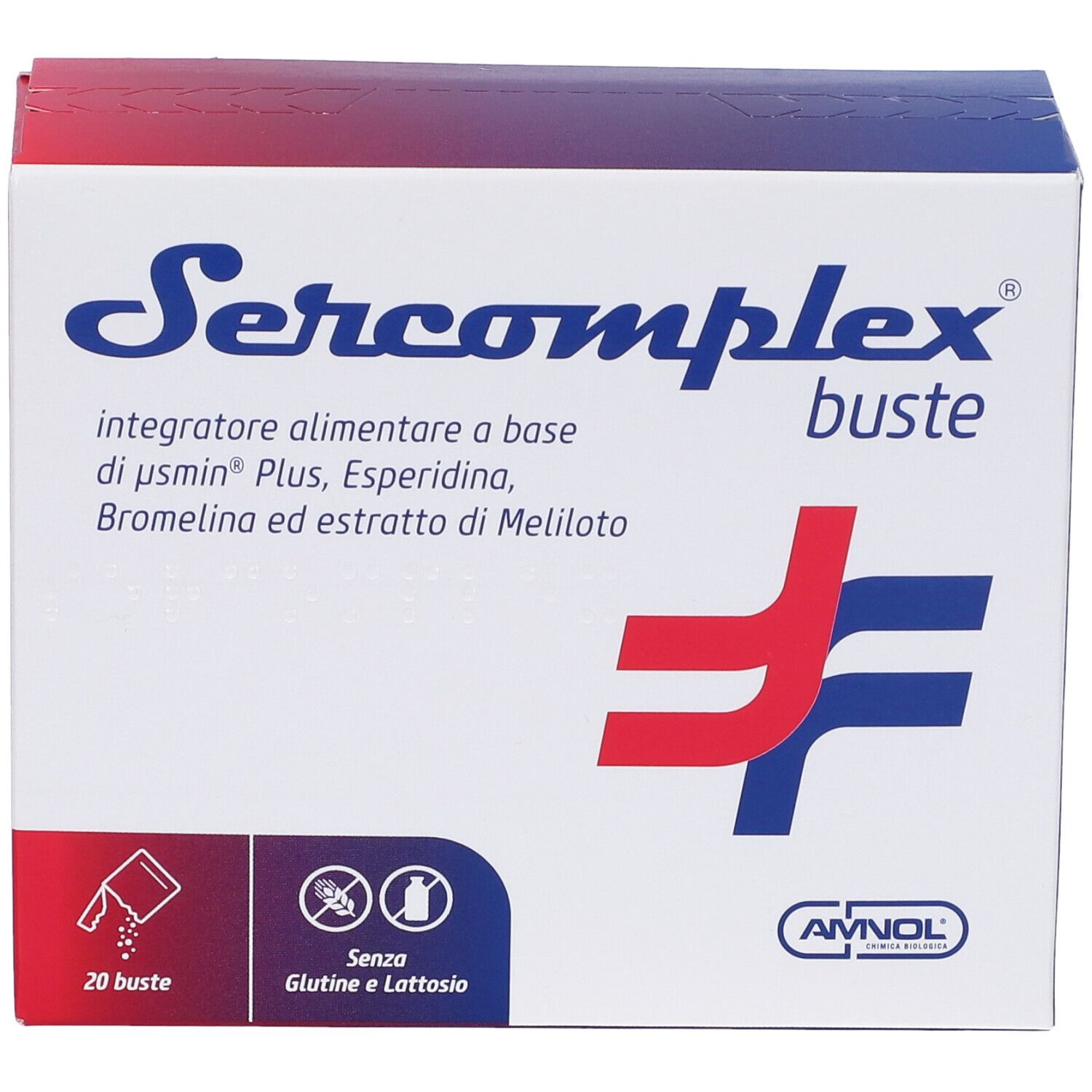 Scatola "Sercomplex buste". Contiene 20 bustine. Senza glutine e lattosio. Logo AVNOL.