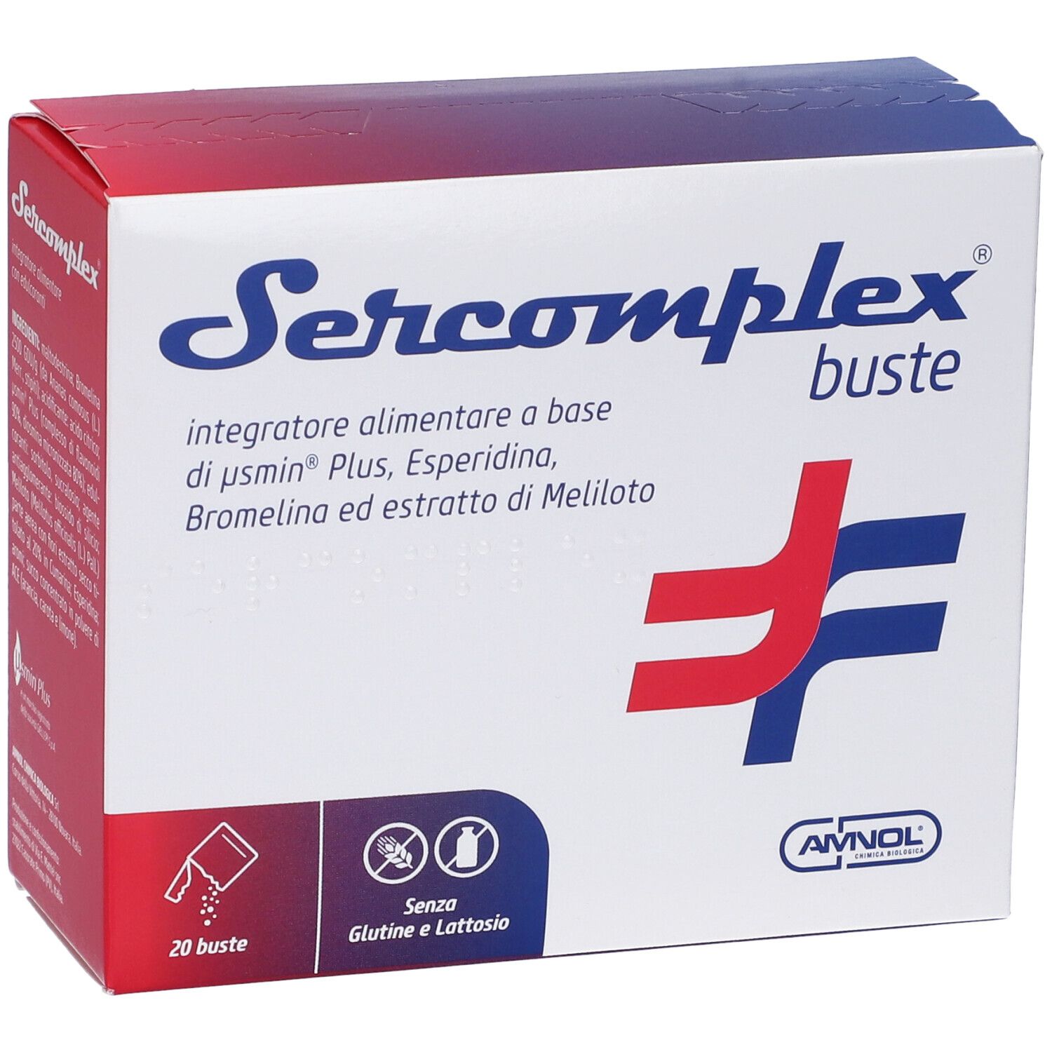 Scatola "Sercomplex buste". Contiene 20 bustine. Senza glutine e lattosio. Logo AVNOL.