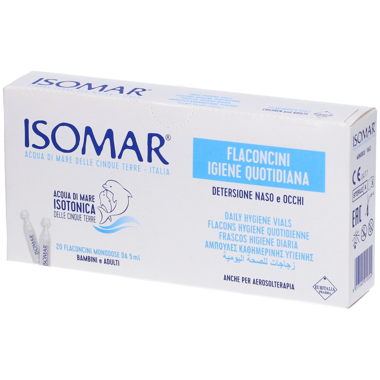 Scatola ISOMAR bianca con testo blu. Contiene fiale per l'igiene quotidiana. Marchio CE.