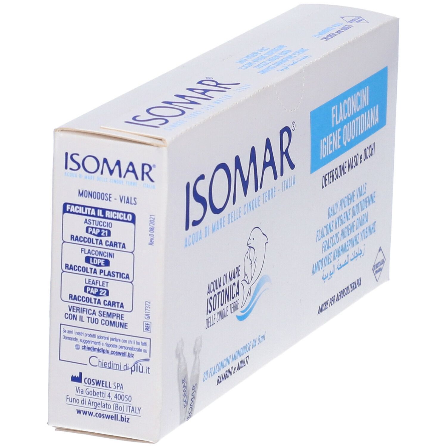Scatola ISOMAR bianca con testo blu. Contiene fiale per l'igiene quotidiana. Istruzioni per il riciclo.