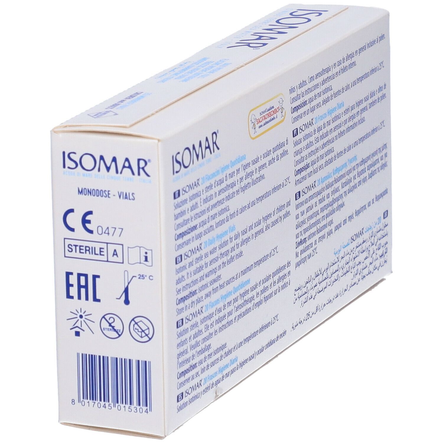 Lato della confezione ISOMAR. Testo multilingue. Contiene informazioni sull'uso e gli ingredienti.