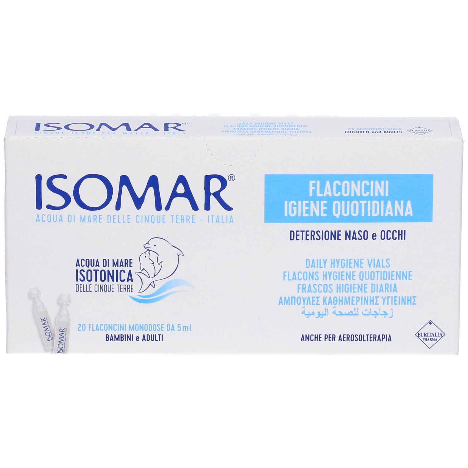 Scatola ISOMAR bianca con testo blu. Contiene fiale per l'igiene quotidiana. 20 fiale.