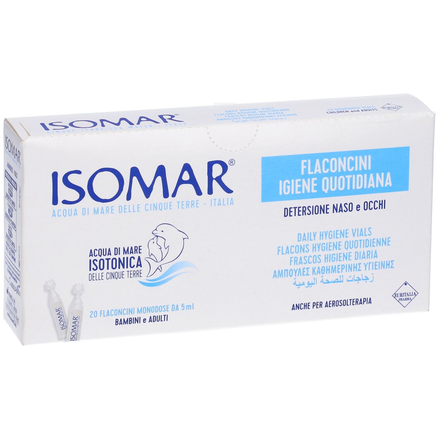 Scatola ISOMAR bianca con testo blu. Contiene fiale per l'igiene quotidiana. 20 fiale.