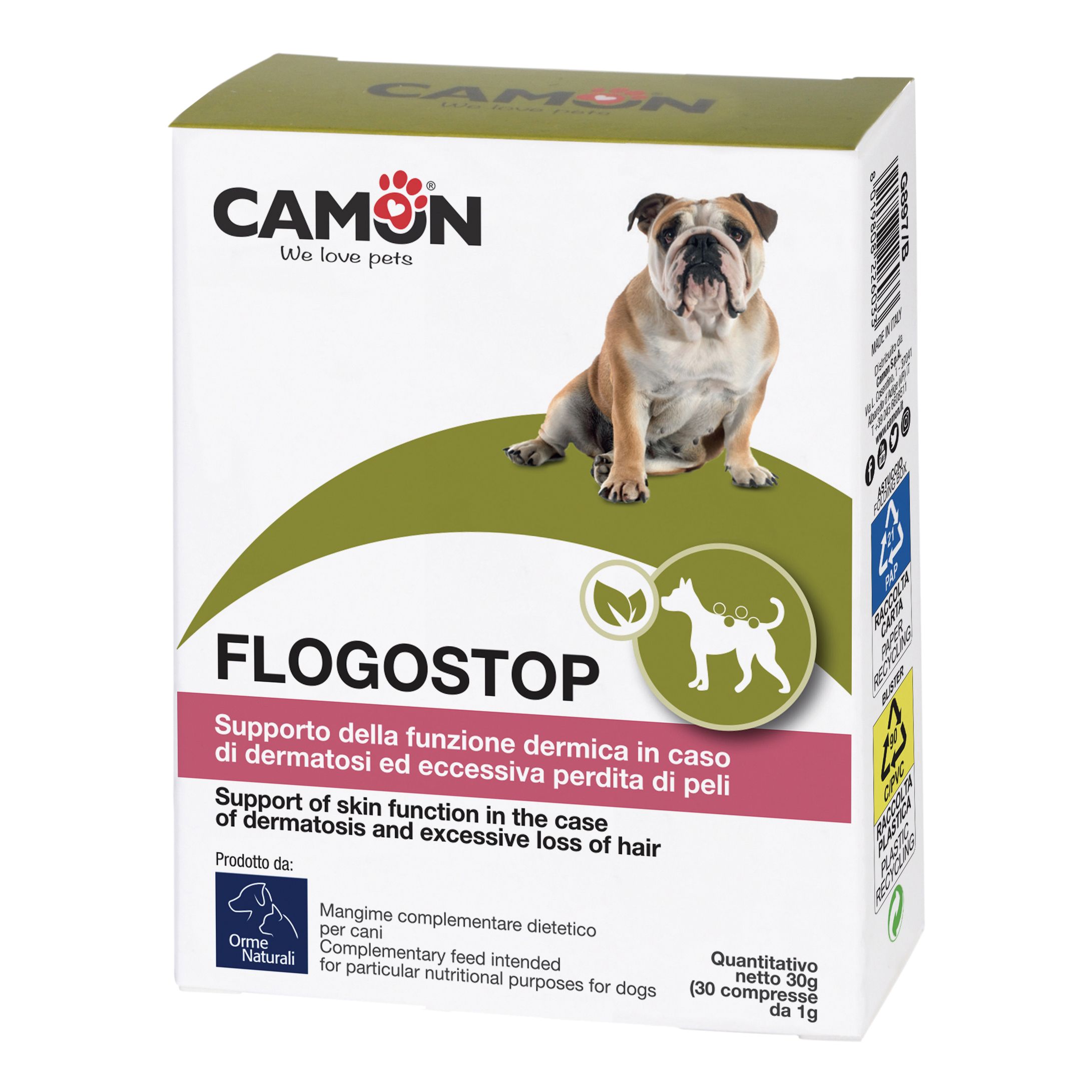 Confezione FLOGOSTOP. Marchio CAMON, immagine di cane. Testo in italiano e inglese. Contiene 30 compresse.