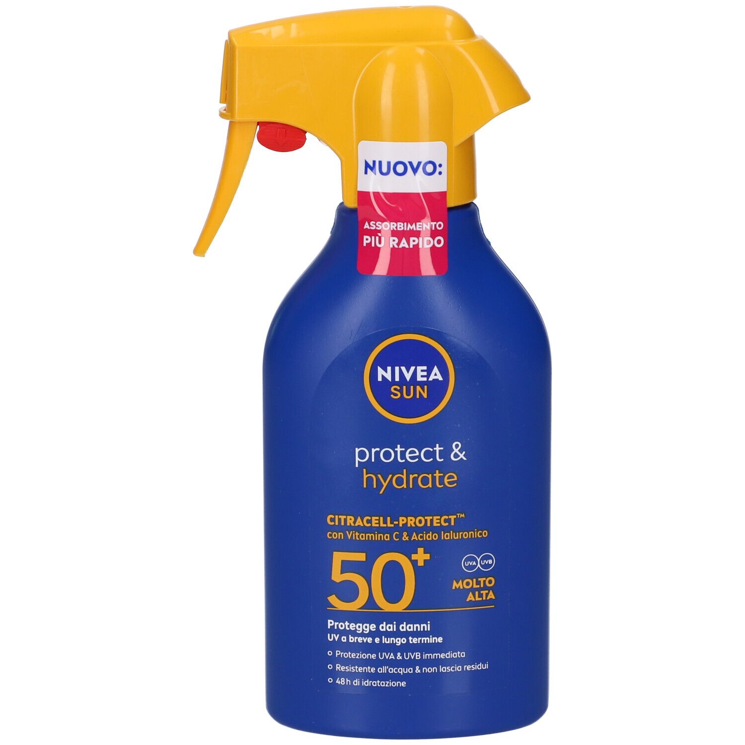 Flacone spray blu con erogatore giallo. Scritta: NIVEA SUN Protect & Hydrate, 50+. Contiene vitamina C e acido ialuronico. Assorbimento rapido.