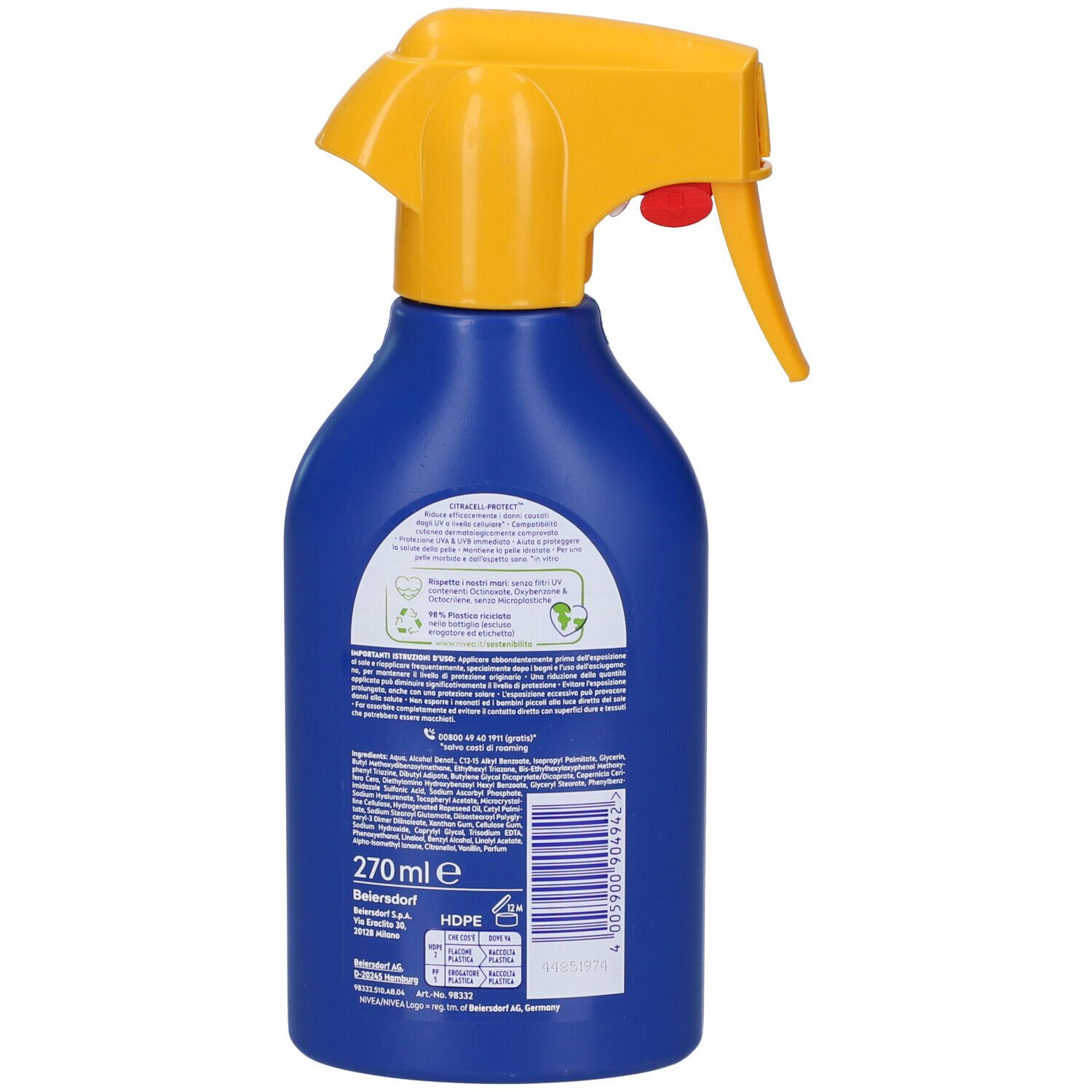 Retro di un flacone spray blu con erogatore giallo. Testo e informazioni sull'uso e sugli ingredienti. Volume: 270 ml.