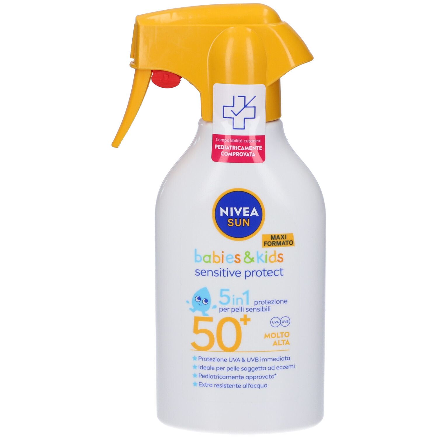 Flacone bianco con erogatore giallo. Scritta: Nivea Sun, babies & kids sensitive protect, 50+. Ulteriori informazioni sul prodotto.