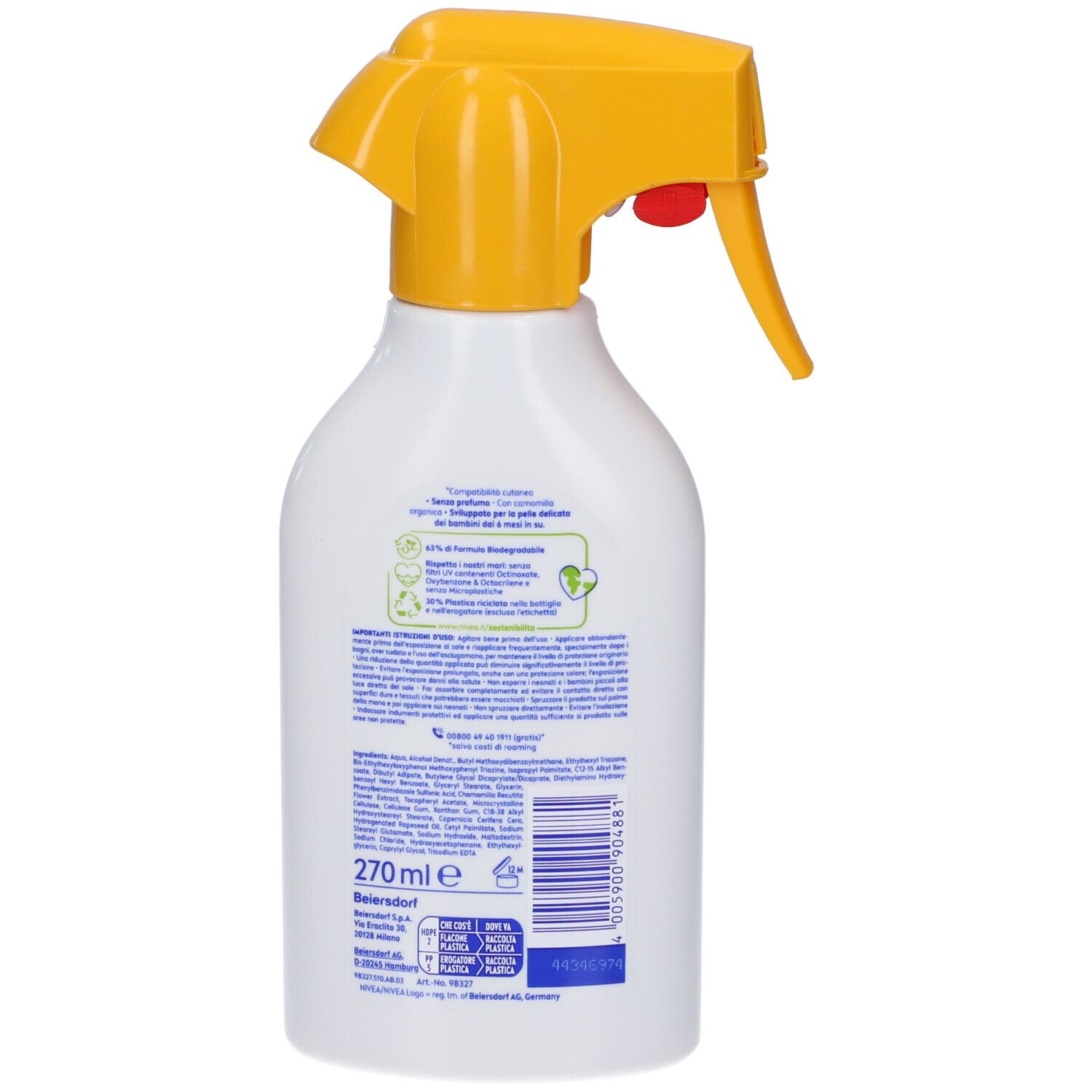 Retro del flacone. Testo: 270 ml, ingredienti, informazioni sul riciclo, informazioni del produttore.