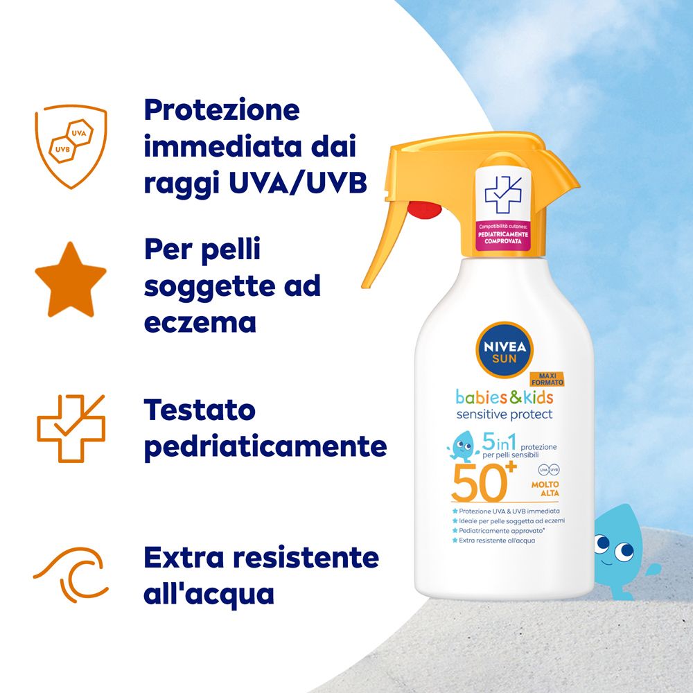 Flacone con erogatore giallo. Testo: Protezione UVA/UVB immediata, per pelli soggette a eczema, testato pediatricamente, extra resistente all'acqua.