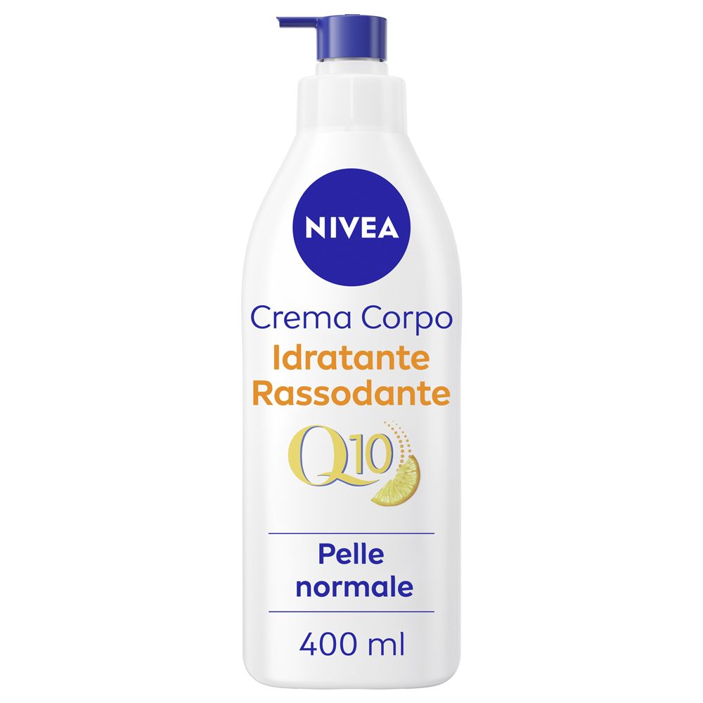 Flacone bianco con erogatore blu. Scritta: NIVEA, Crema Corpo Idratante Rassodante, Q10, Pelli normali. 400 ml.