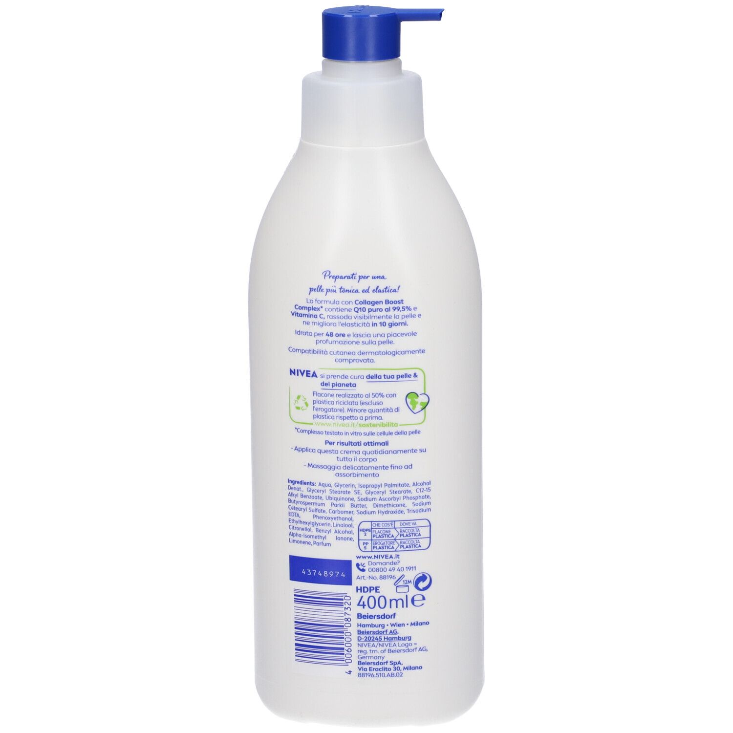 Retro del flacone. Testo: ingredienti, informazioni sostenibili, 400ml, indirizzo del produttore.