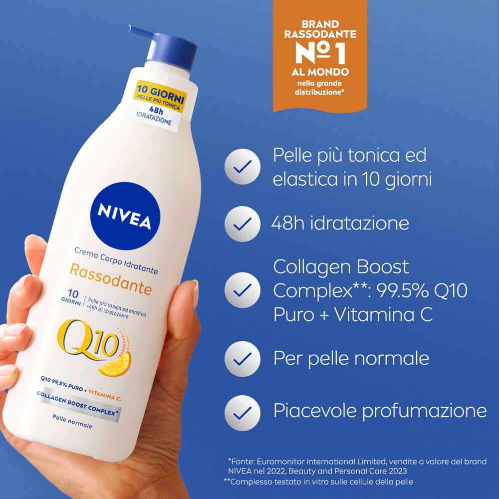 Flacone in mano. Testo: Pelli più tonica ed elastica in 10 giorni, 48h idratazione, Collagen Boost Complex, Per pelle normale.