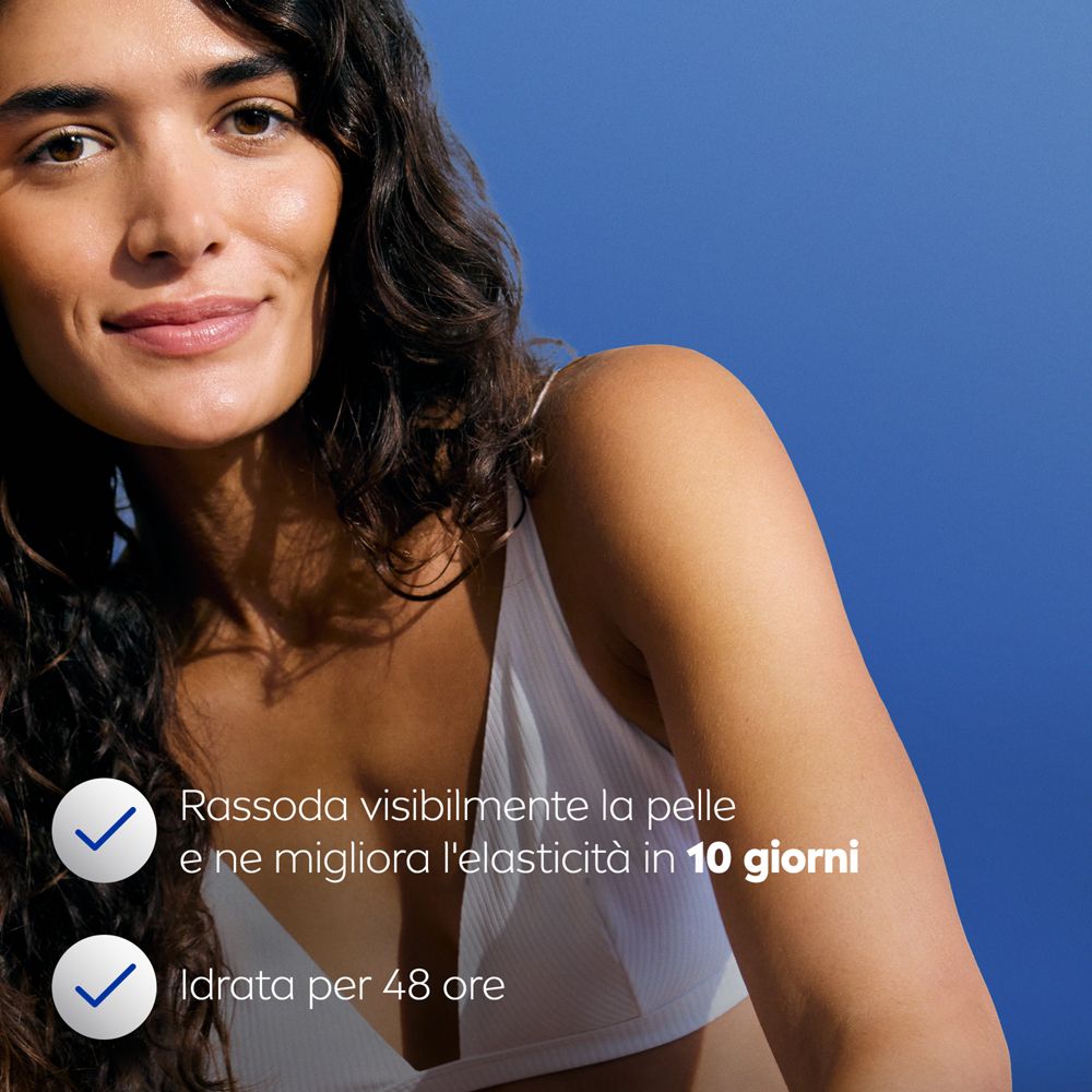 Donna con top bianco. Testo: Rassoda visibilmente la pelle e ne migliora l'elasticità in 10 giorni, Idratata per 48 ore.