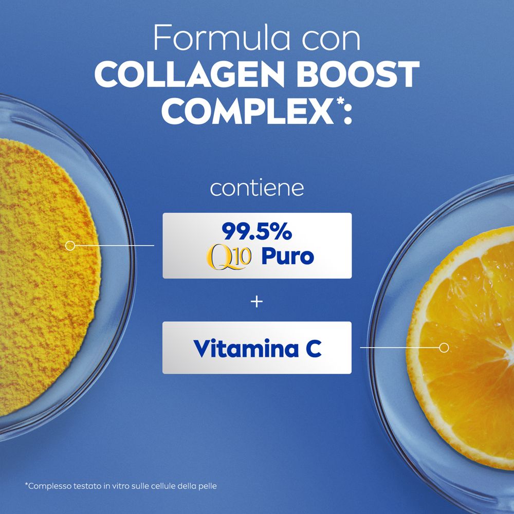 Due ciotole con ingredienti. Testo: 99,5% Q10 Puro + Vitamin C, Collagen Boost Complex.