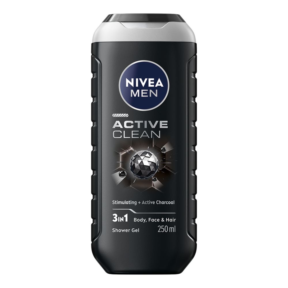 Nivea Men Doccia Shampoo Active Clean 250 ml, Docciaschiuma uomo efficace per viso, corpo e capelli