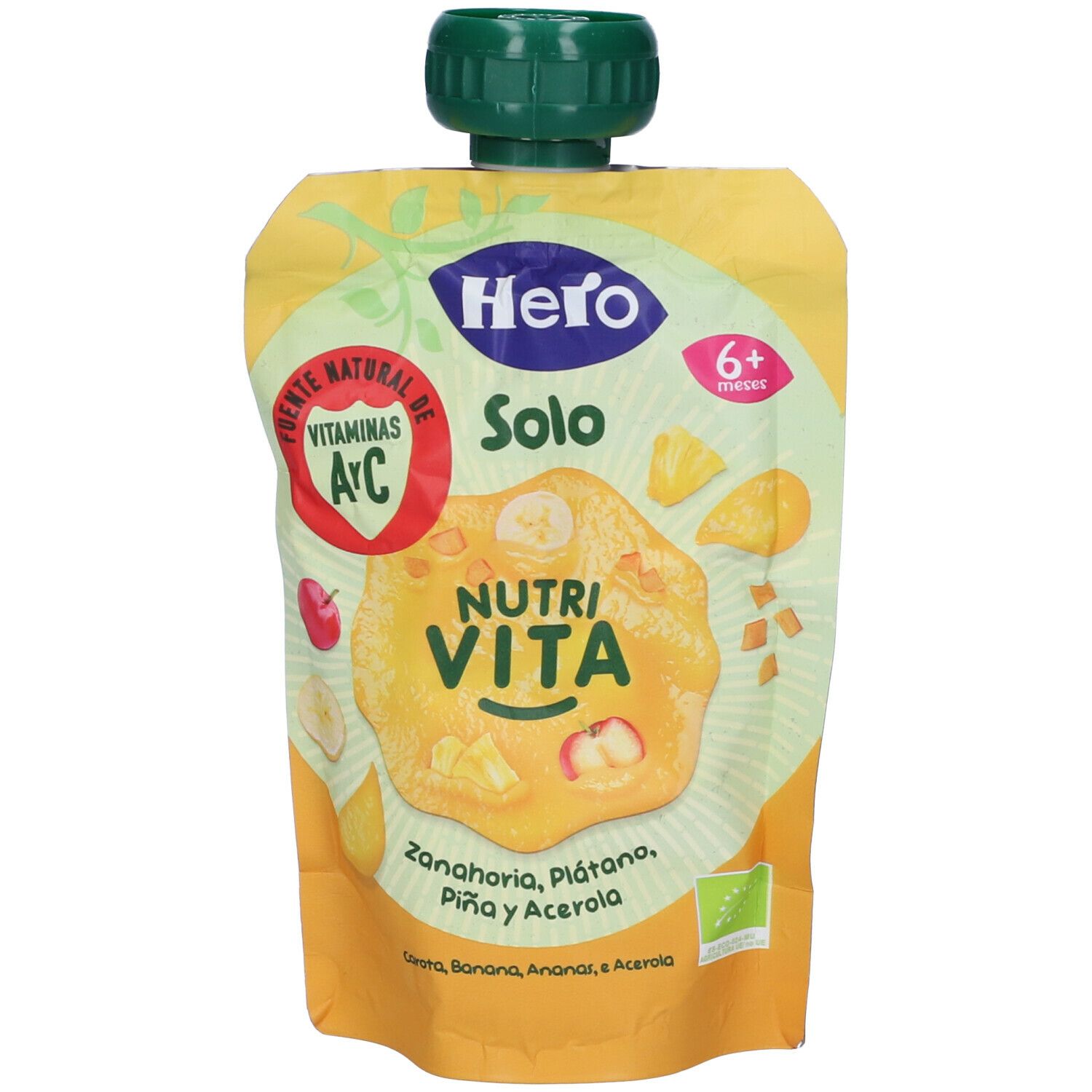 Confezione Hero Solo NUTRI VITA. Imballaggio giallo con pezzi di frutta. Scritte: logo, '6+ mesi', 'Vitamina A/C'.