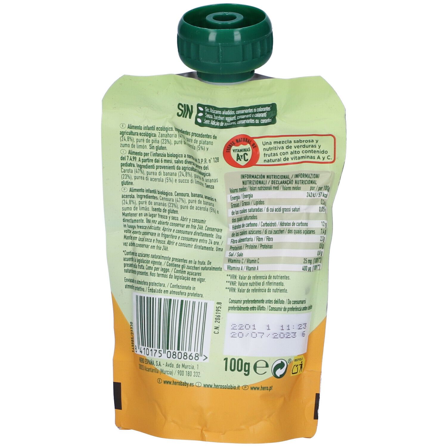 Retro della confezione Hero Solo NUTRI VITA. Contiene informazioni sugli ingredienti, i valori nutrizionali e la durata. Con indicazione '100g'.