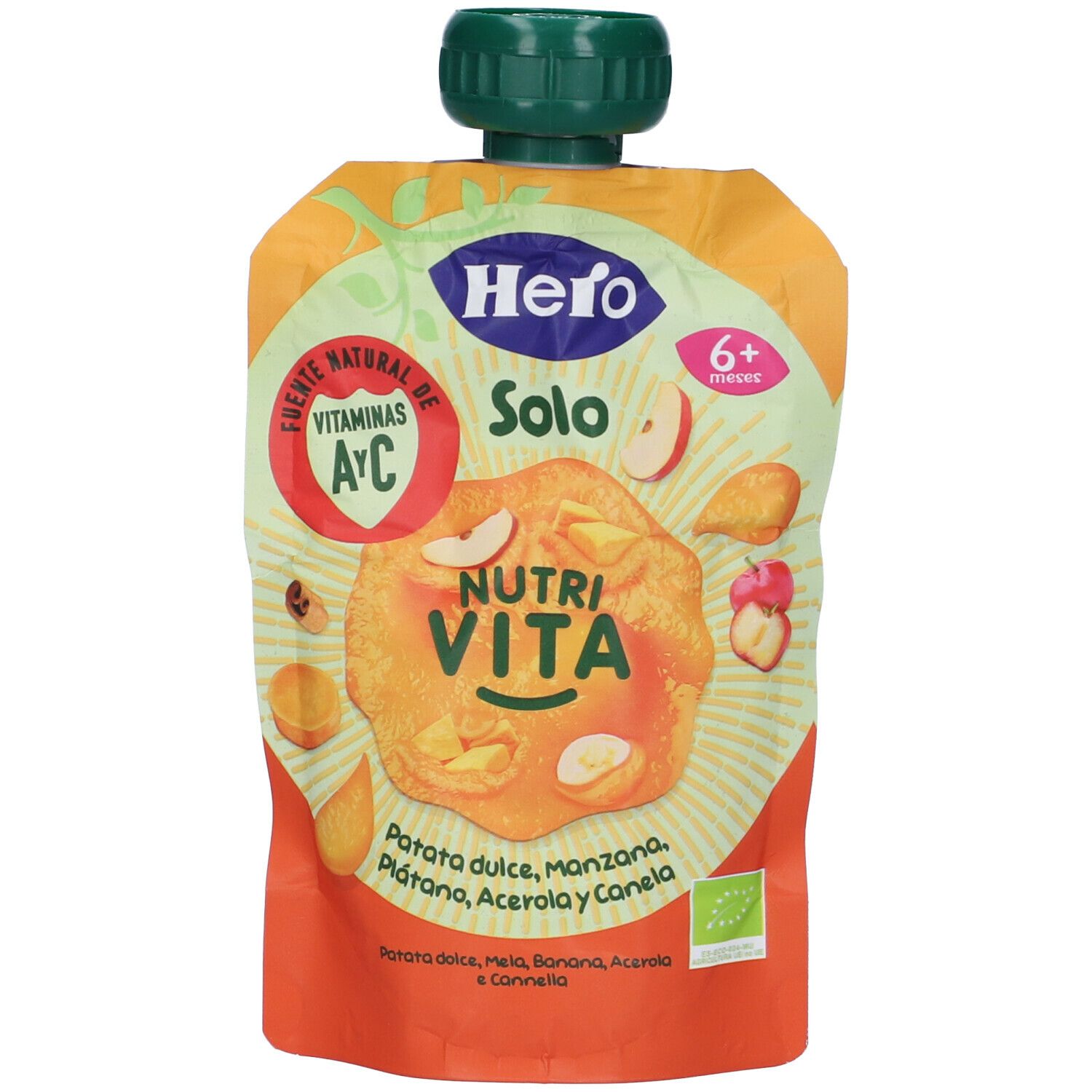 Hero Baby Solo Pouch. Pouch di purea Nutri Vita. 6+ mesi. Contiene patata dolce, mela, banana, acerola.