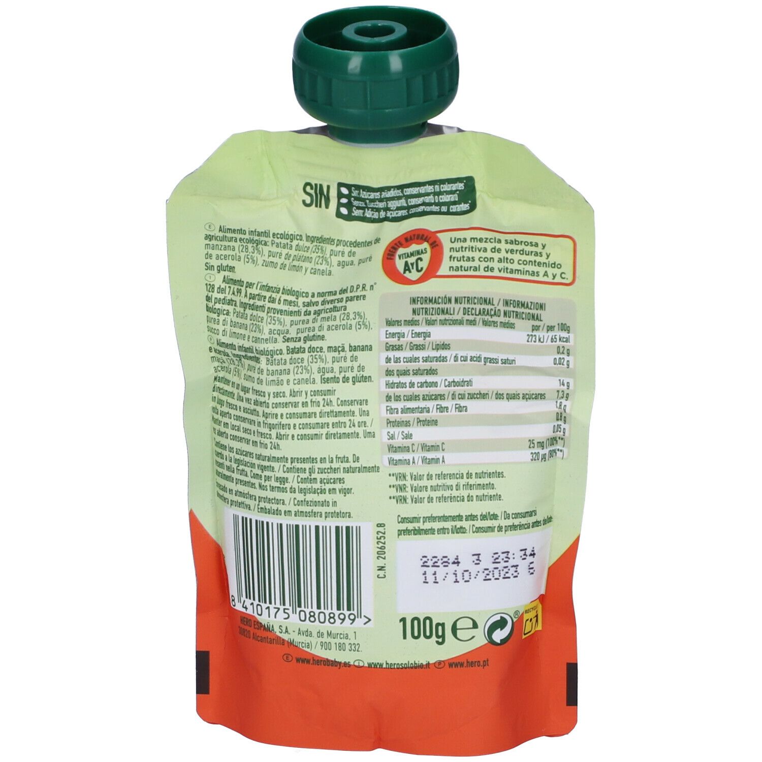 Retro del Hero Baby Solo Pouch. Contiene informazioni nutrizionali e lista ingredienti. Data di scadenza.