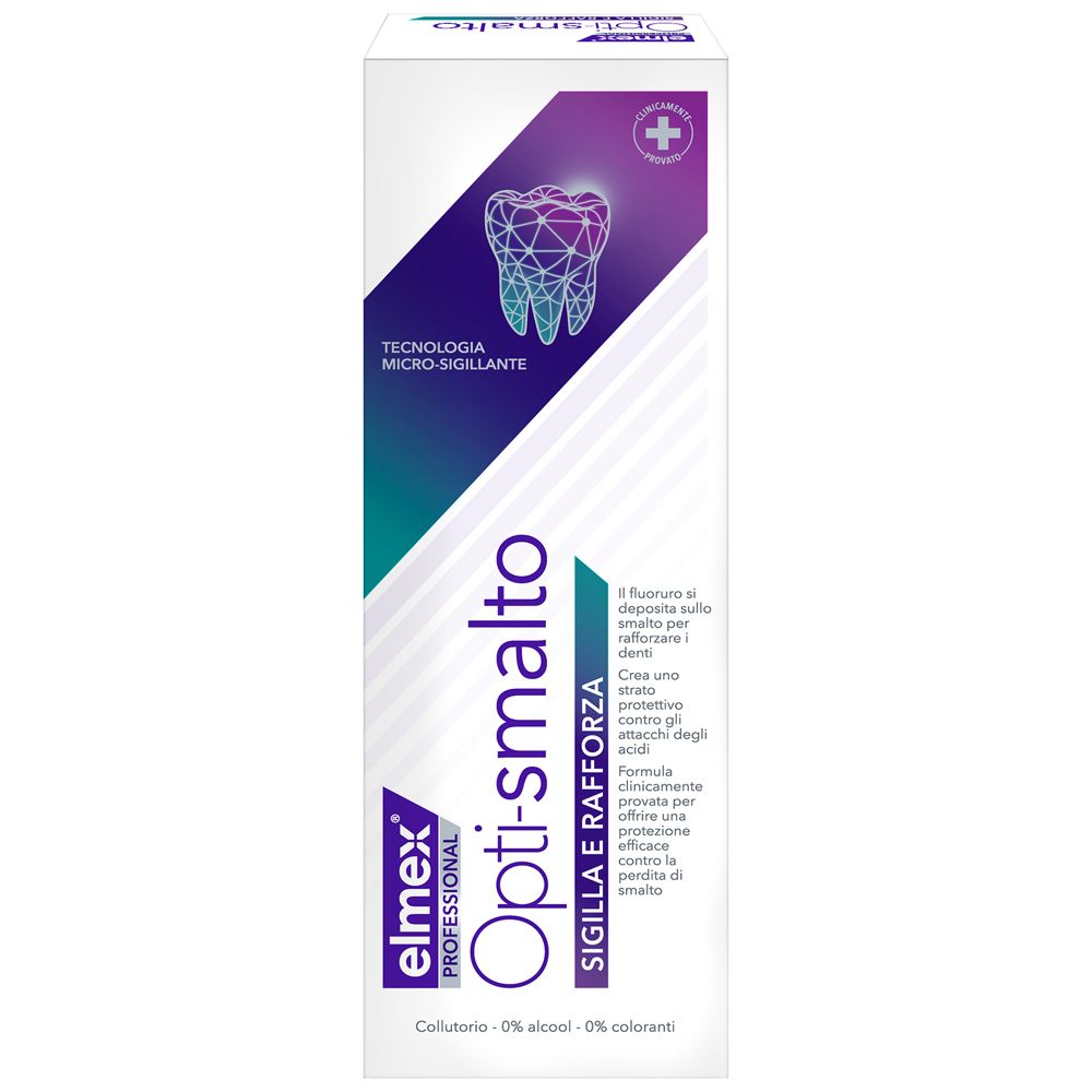 Elmex Opti-smalto collutorio. Confezione bianca con nome del prodotto e grafica dentale. 0% alcool e coloranti.