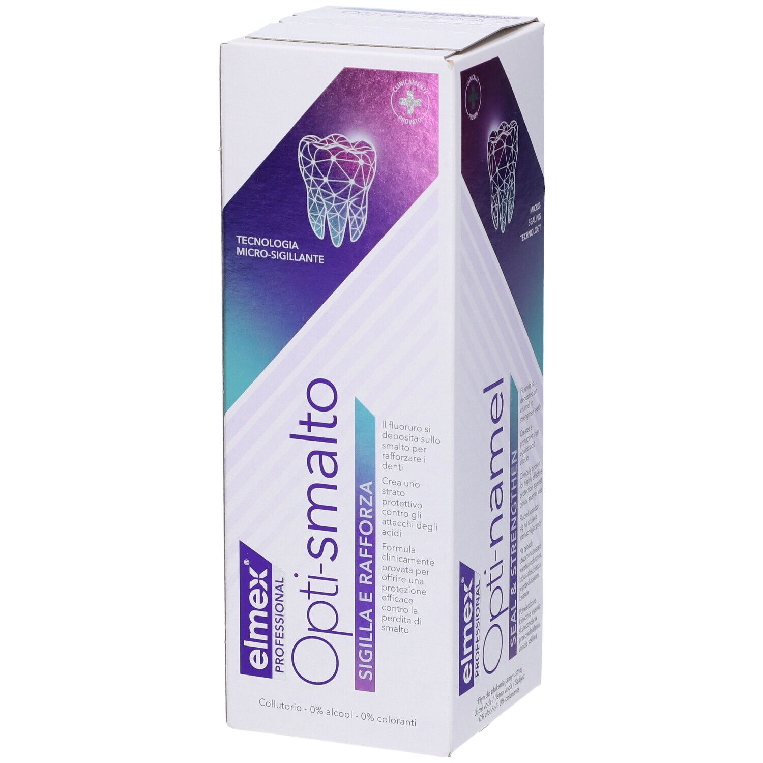 Elmex Opti-smalto collutorio. Confezione bianca con nome del prodotto e grafica dentale. 0% alcool e coloranti.
