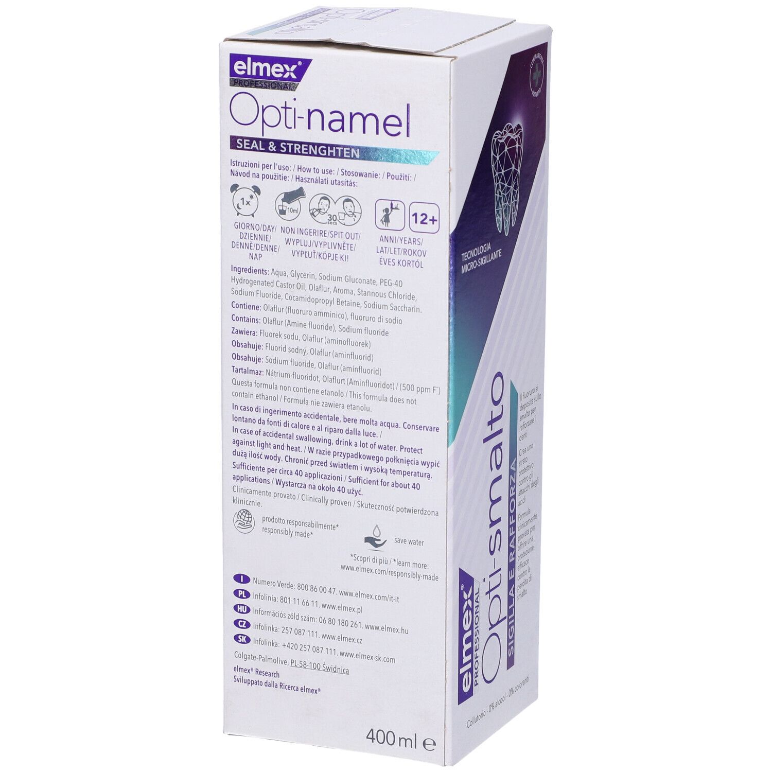 Elmex Opti-namel Seal & Strengthen. Confezione bianca con nome del prodotto e grafica dentale. Contiene 400ml.