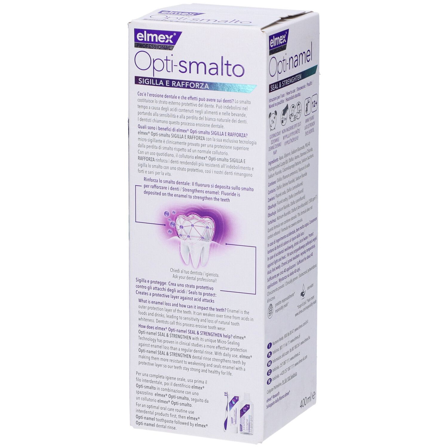 Confezione Elmex Opti-smalto e Opti-namel. Informazioni sul prodotto e grafica dentale. Contiene 400ml.