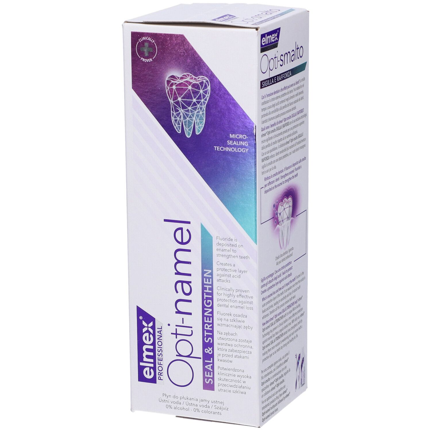 Confezione Elmex Opti-namel Seal & Strengthen. Informazioni sul prodotto e grafica dentale.