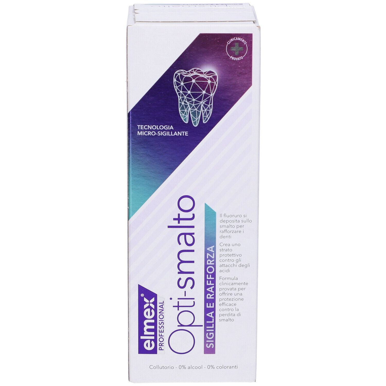 Elmex Opti-smalto collutorio. Confezione bianca con nome del prodotto e grafica dentale.