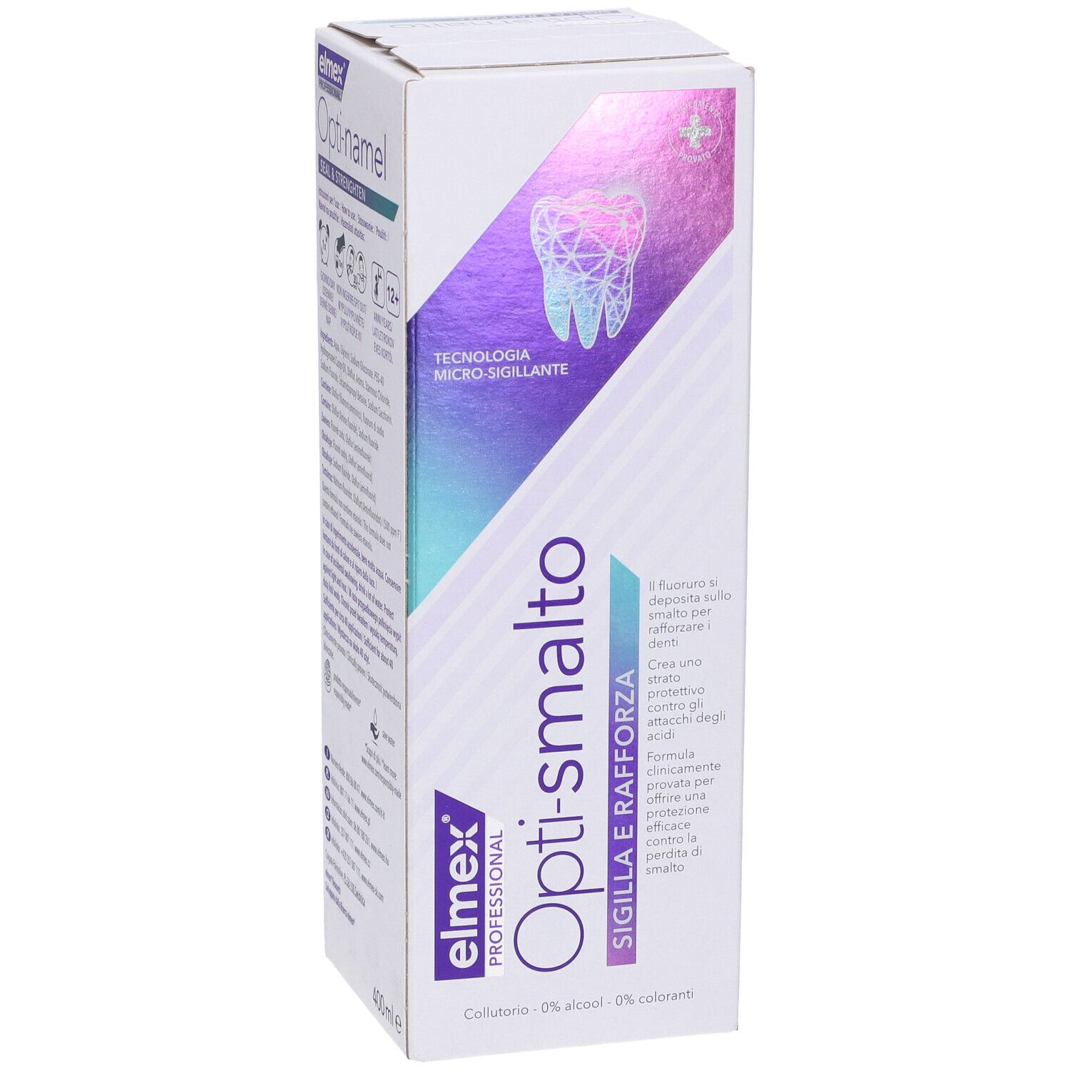 Confezione Elmex Opti-smalto e Opti-namel. Informazioni sul prodotto e grafica dentale.