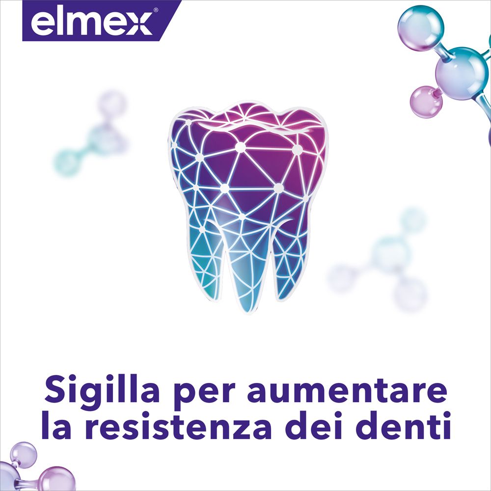Grafica di un dente con struttura a rete. Testo: Sigilla per aumentare la resistenza dei denti.
