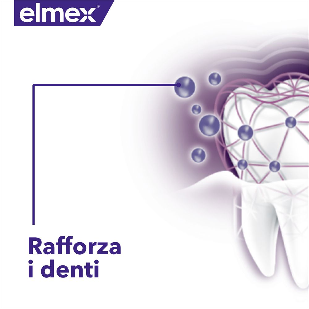 Grafica di un dente con struttura a rete. Testo: Rinforza i denti.