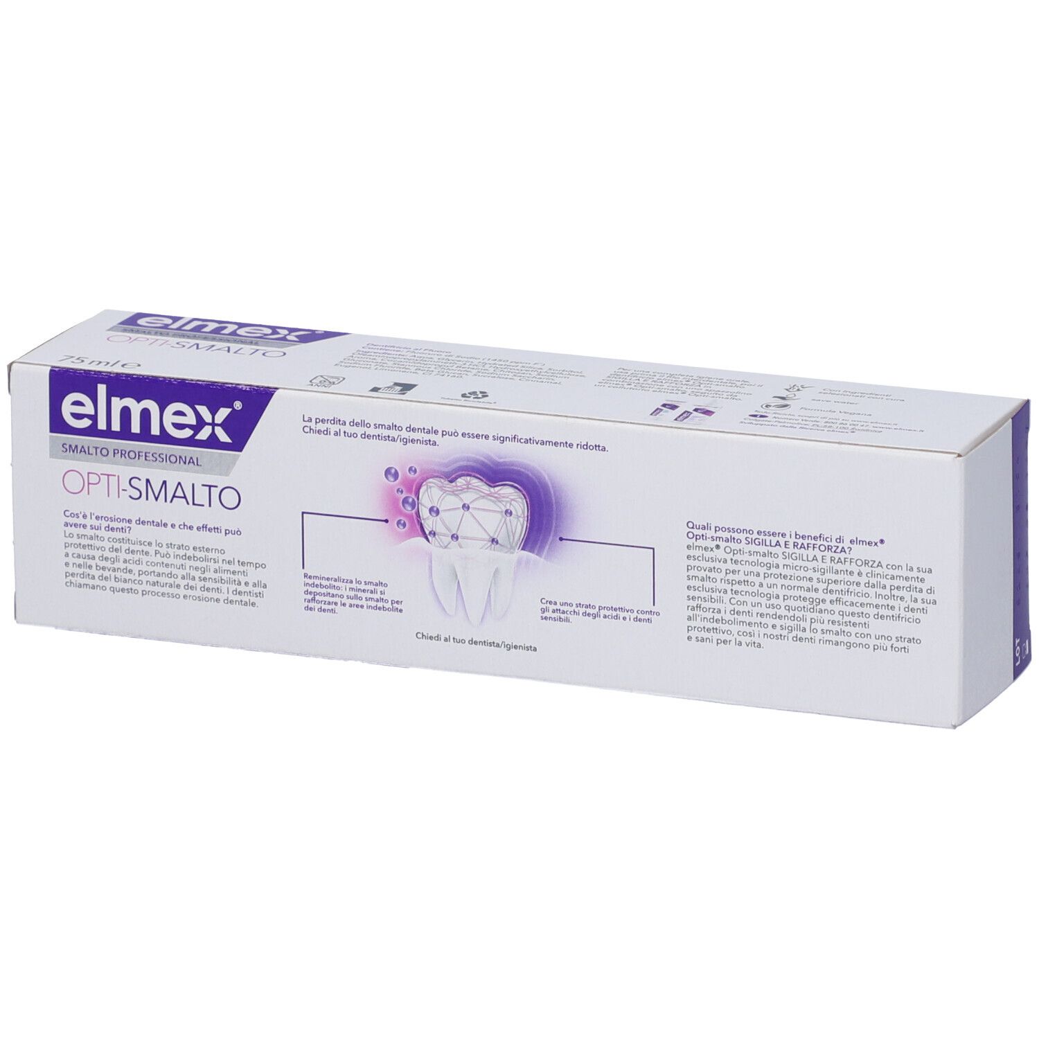 Elt-Zahnpasta-Verpackung mit dem Produktnamen "elmex OPTI-SMALTO". Zeigt eine stilisierte Zahnabbildung.