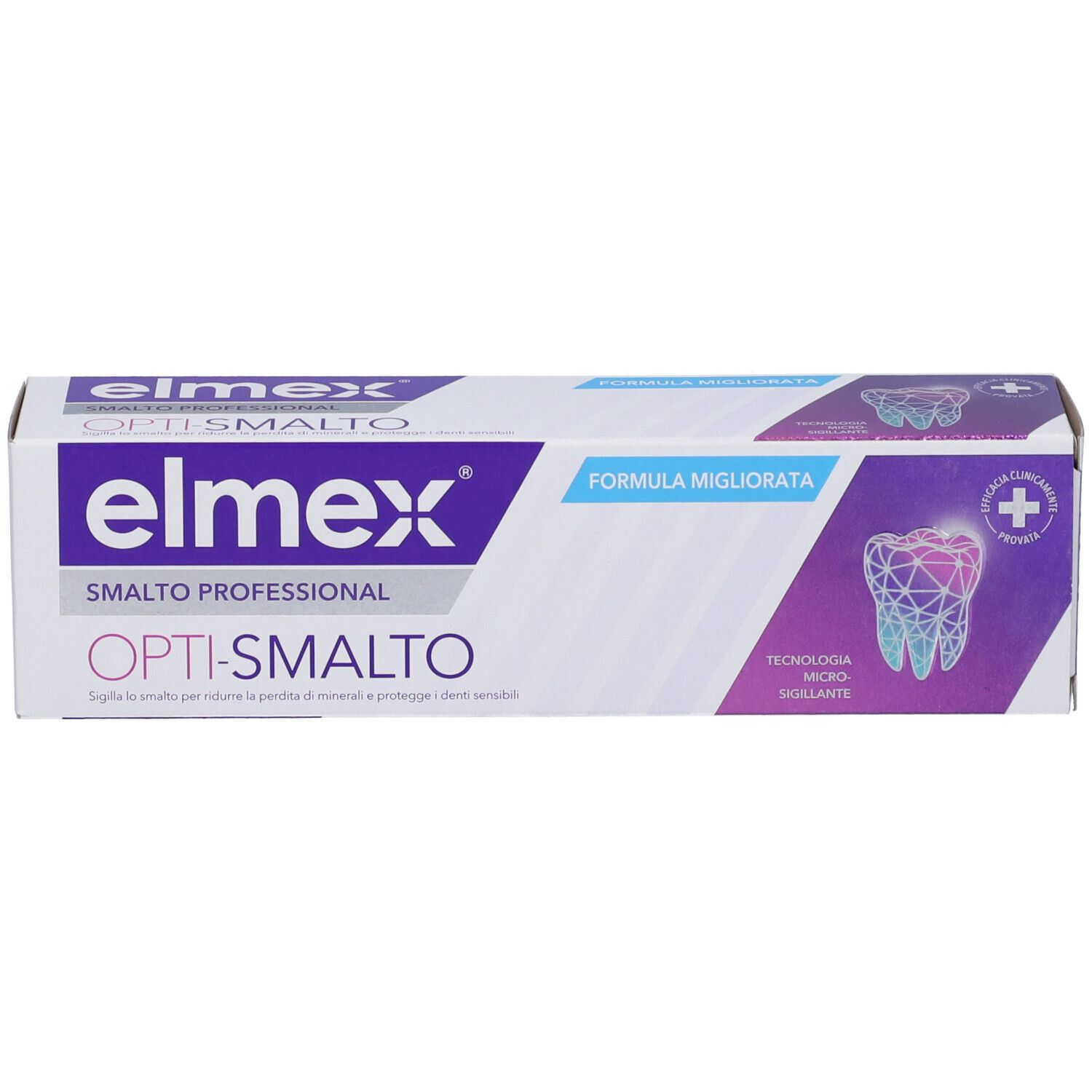 Eltmex Opti-Smalto Professional Zahnpasta-Tube mit verbesserter Formel und Zahnabbildung.