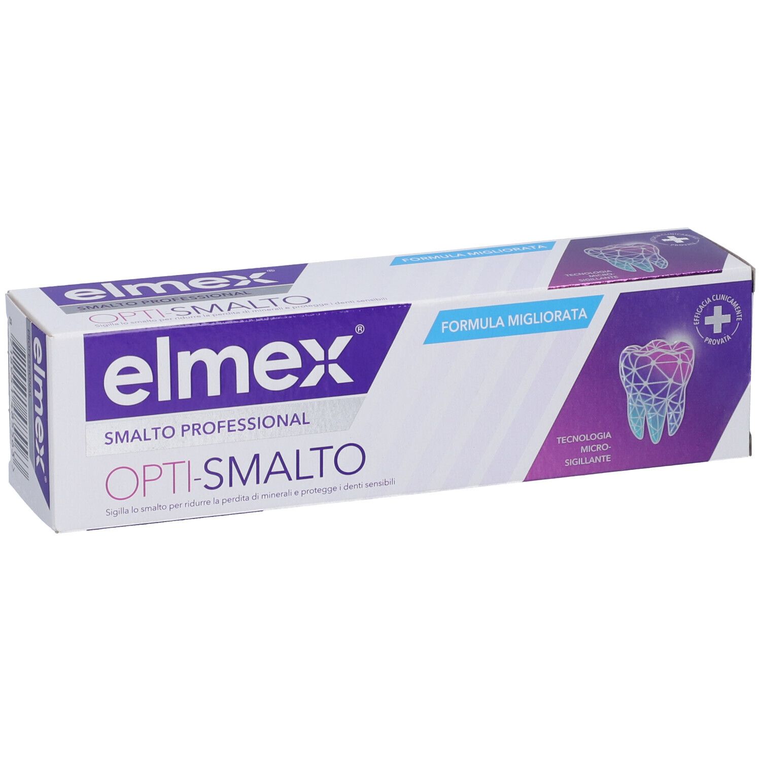 Elmex Opti-Smalto Zahnpasta-Tube mit verbesserter Formel und Zahnabbildung.