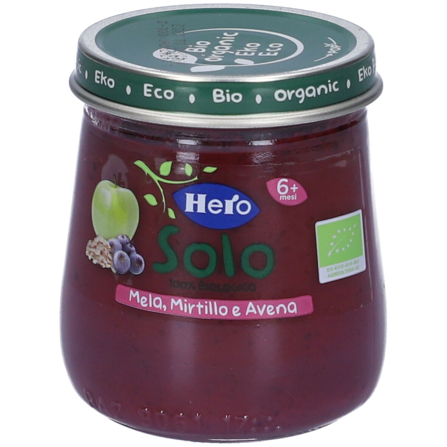 Vasetto di omogeneizzato. Scritta: Hero Solo Mela, Mirtillo e Avena. Sigillo bio. Coperchio con scritta: Bio, Organic, Eko.