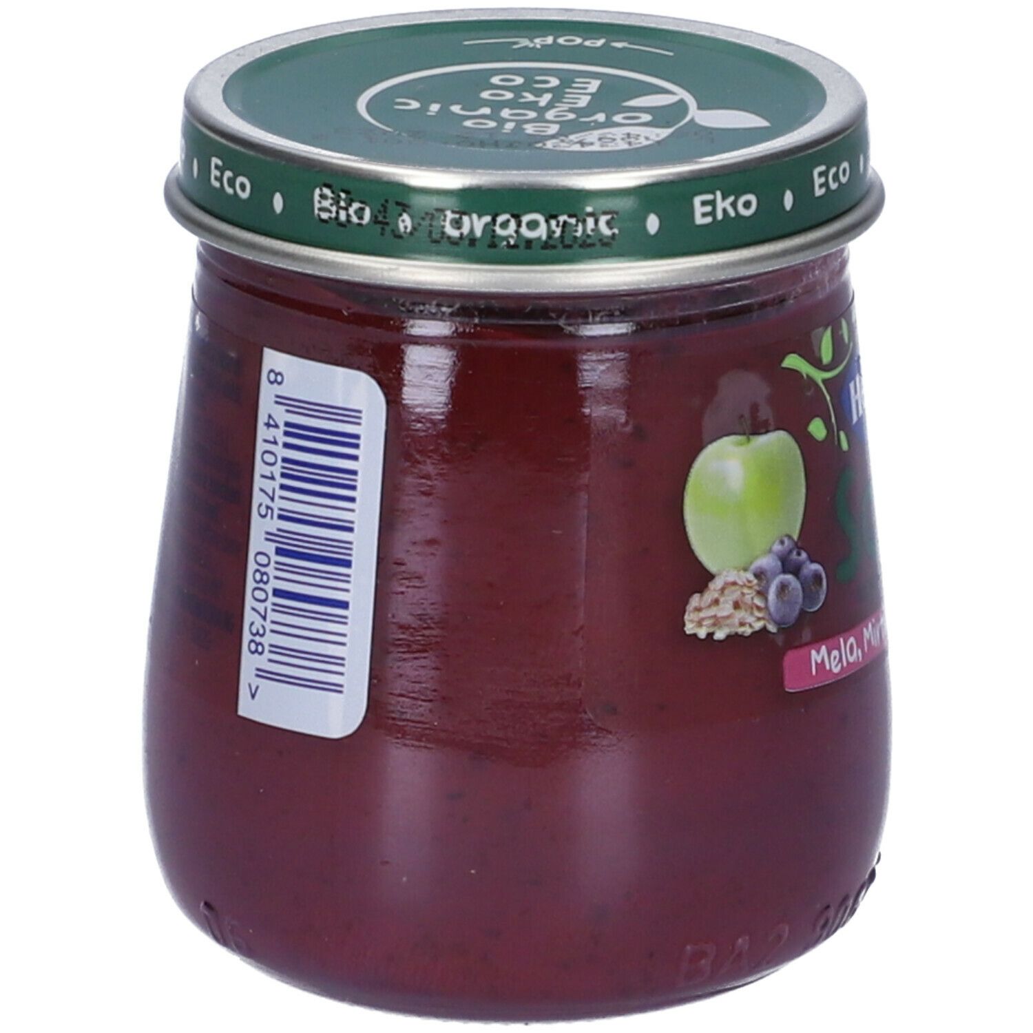 Vasetto di omogeneizzato. Scritta: Hero Solo Mela, Mirtillo e Avena. Codice a barre. Coperchio con scritta: Bio, Organic, Eko.