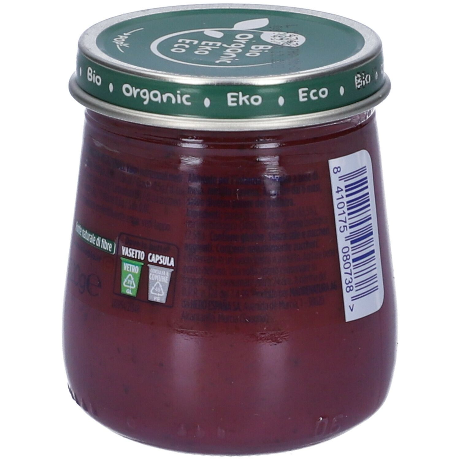 Vasetto di omogeneizzato. Scritta: Hero Solo Mela, Mirtillo e Avena. Coperchio con scritta: Bio, Organic, Eko. Simboli di riciclaggio.