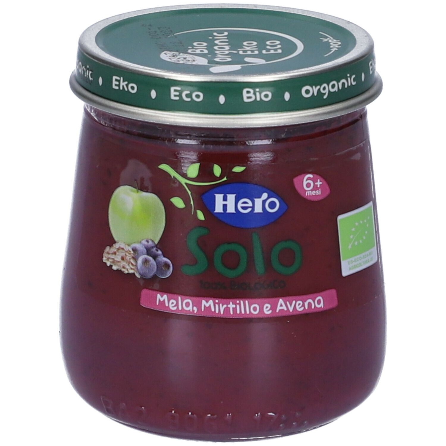 Vasetto di omogeneizzato. Scritta: Hero Solo Mela, Mirtillo e Avena. Sigillo bio. Coperchio con scritta: Bio, Organic, Eko.