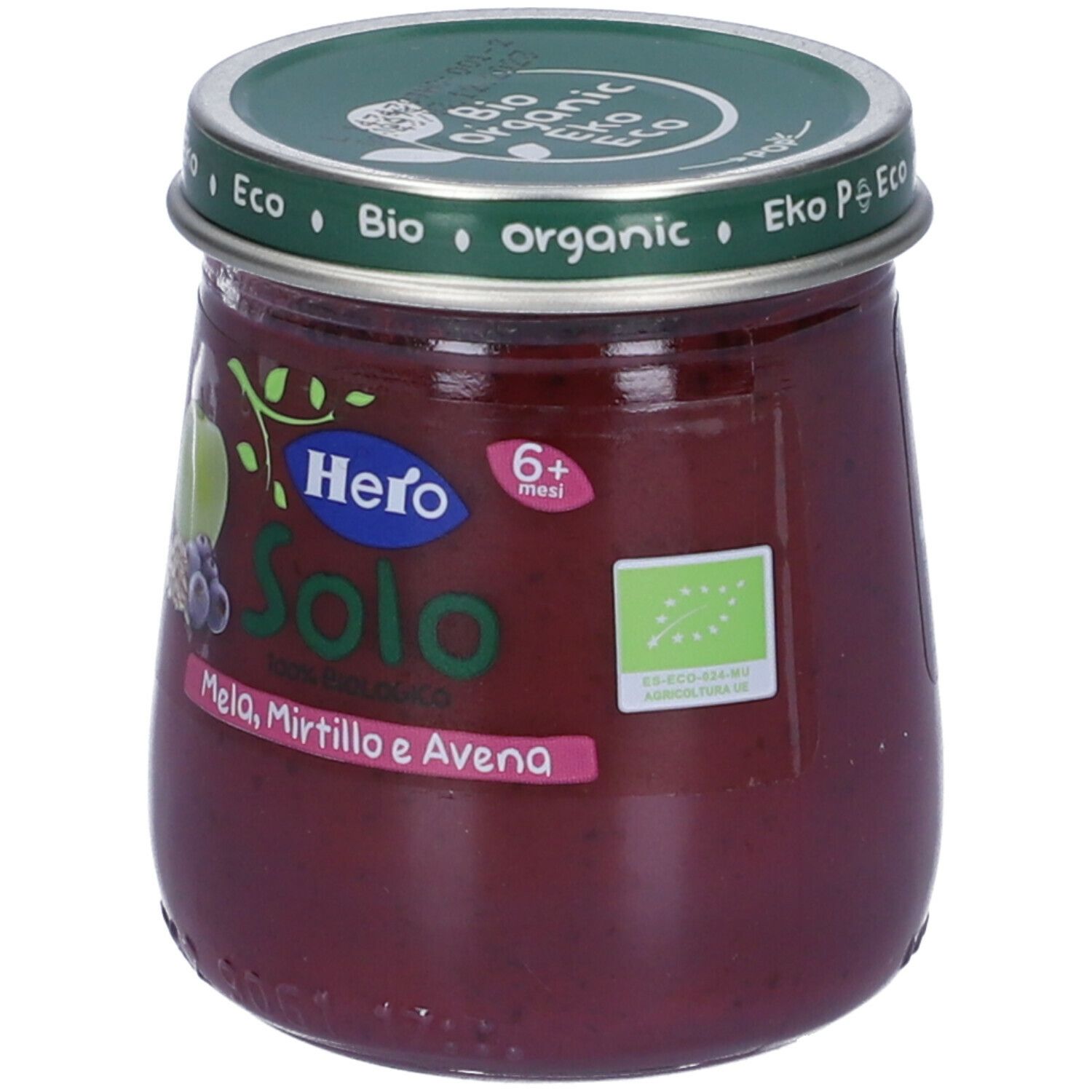 Vasetto di omogeneizzato. Scritta: Hero Solo Mela, Mirtillo e Avena. Sigillo bio. Coperchio con scritta: Bio, Organic, Eko.