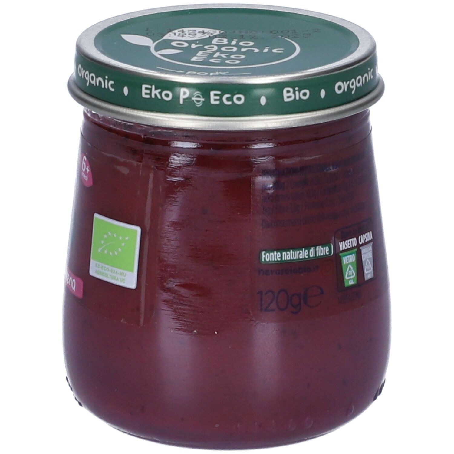 Vasetto di omogeneizzato. Scritta: Hero Solo Mela, Mirtillo e Avena. 120g. Sigillo bio. Coperchio con scritta: Bio, Organic, Eko.