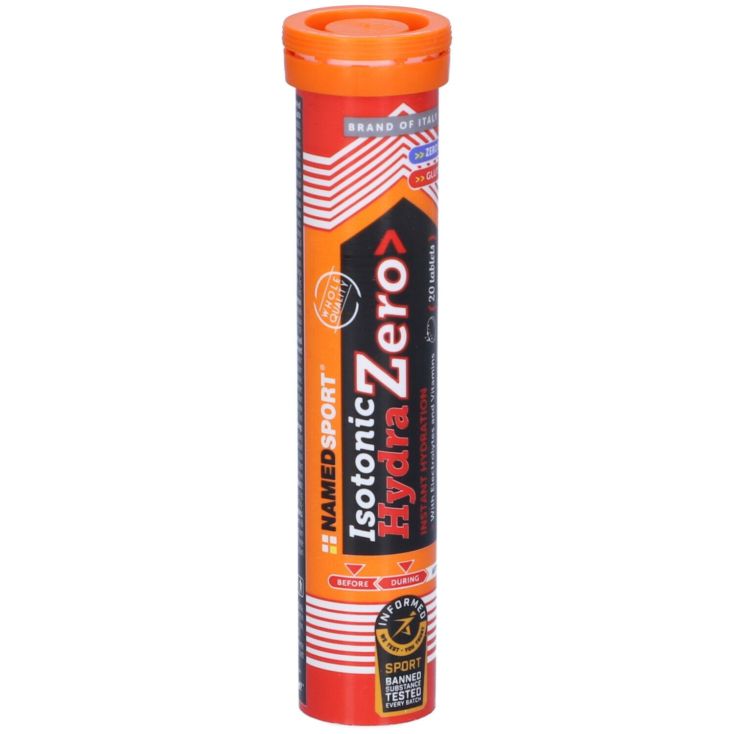 Tubo cilindrico arancione. Scritta: Isotonic Zero Hydra, Instant Hydration. Con elettroliti e vitamine. Banned Substances Tested.