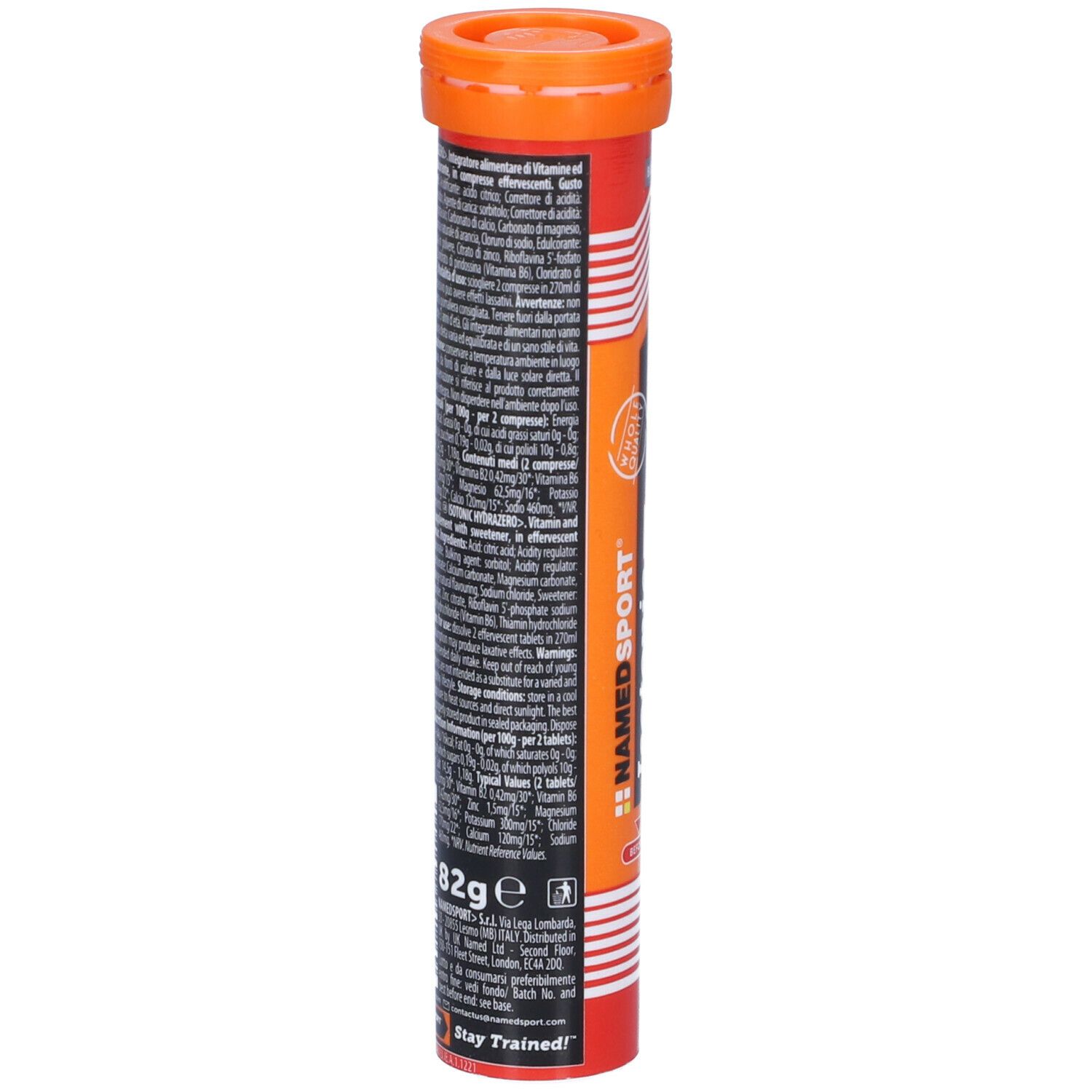 Retro di un tubo cilindrico. Testo multilingue. Peso: 82g. Logo NamedSport. Contiene informazioni sugli ingredienti.