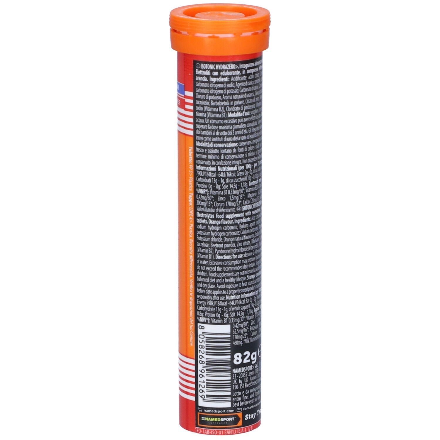 Retro di un tubo cilindrico. Testo multilingue. Peso: 82g. Logo NamedSport. Contiene informazioni sugli ingredienti.