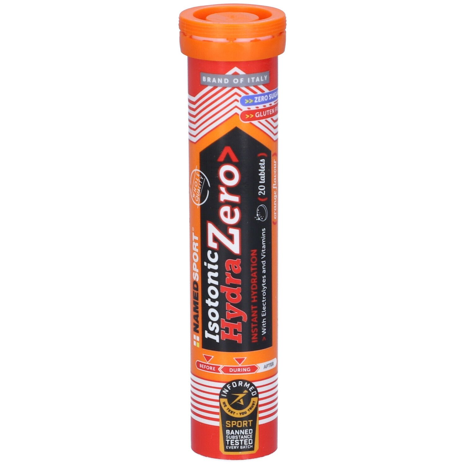 Tubo cilindrico arancione. Scritta: Isotonic Zero Hydra, Instant Hydration. Con elettroliti e vitamine. 20 compresse.