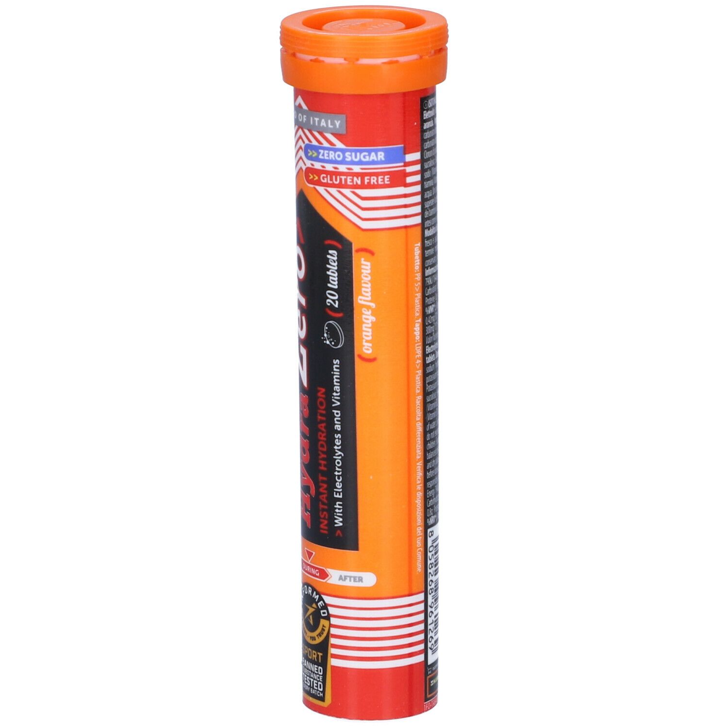 Tubo cilindrico arancione. Scritta: Isotonic Zero Hydra, Instant Hydration. Con elettroliti e vitamine. 20 compresse, gusto arancia.