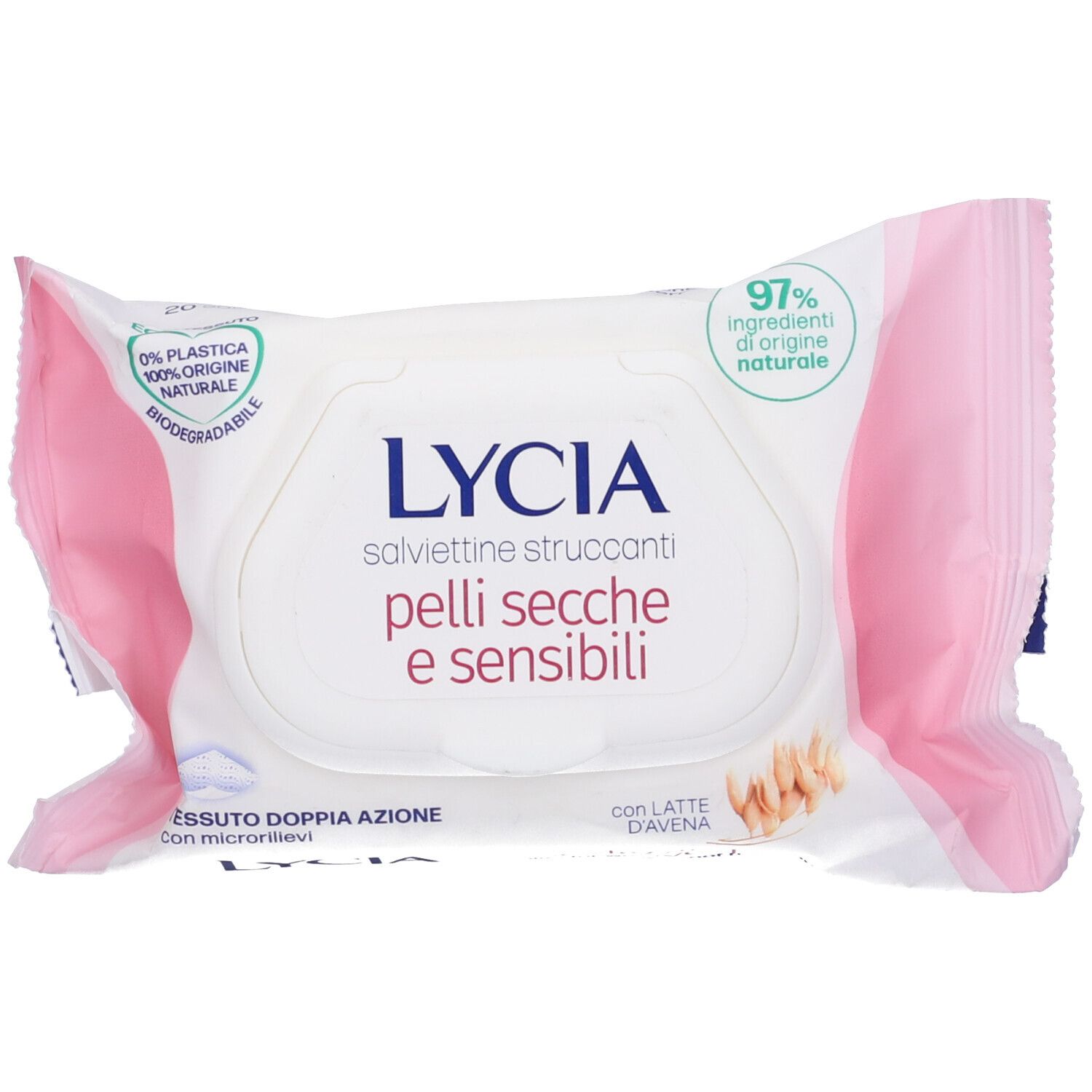 Primo piano della confezione di salviettine Lycia. Testo: Pelli Secche e Sensibili. 97% ingredienti naturali.